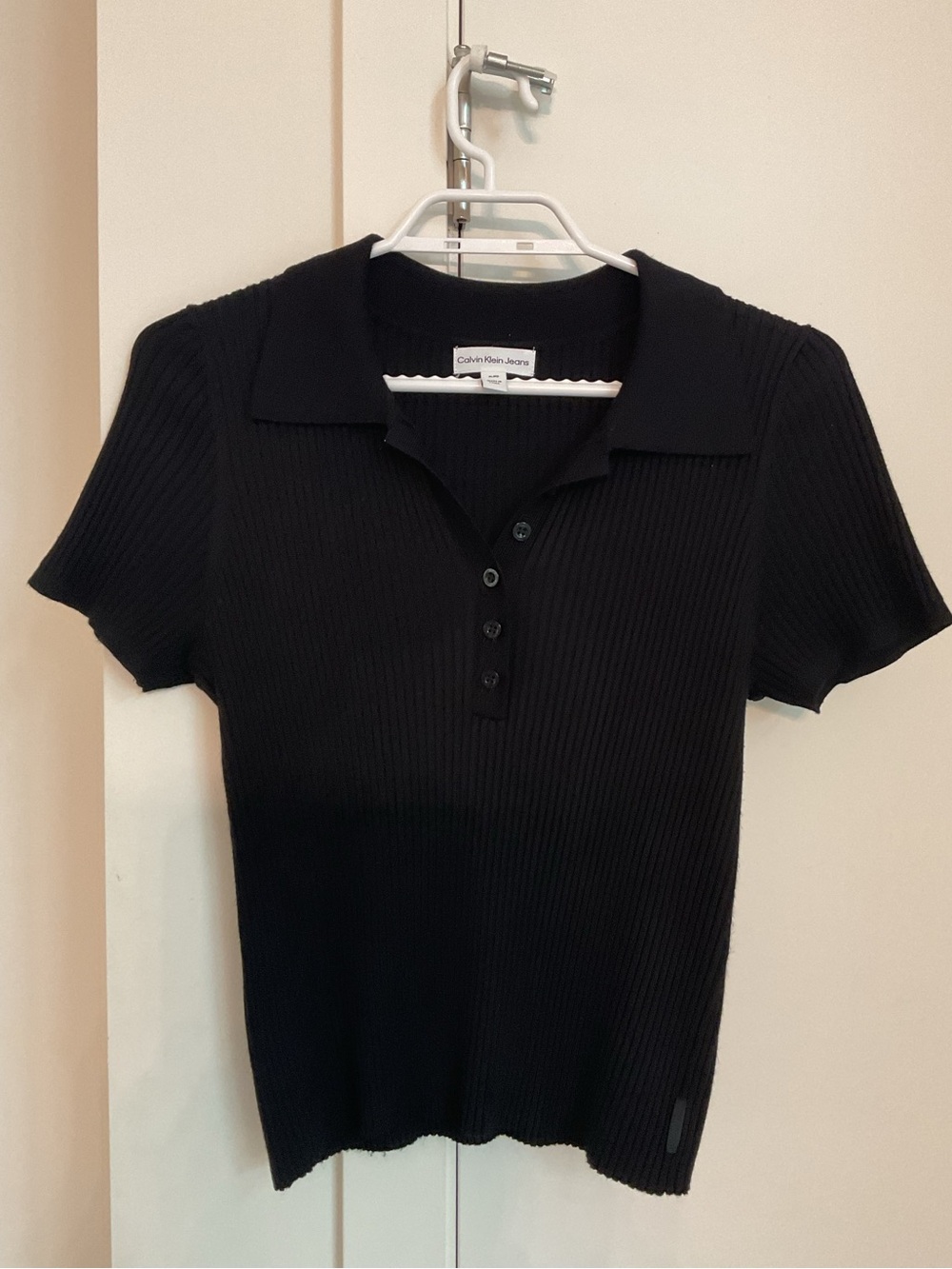 Calvin Klein Jeans Deep Black Ribbed Polo Top with Short Sleeves